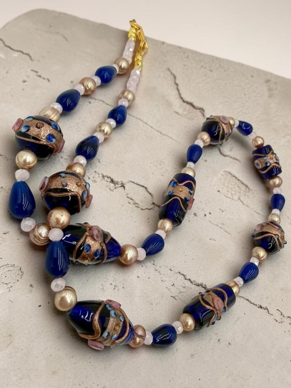 Venetian Wedding Cake Bead Necklace Blue Jade Genuine Pearl Pink Crystal 20” - Picture 13 of 17